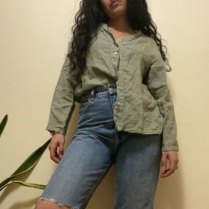 100% LINEN olive green button-down shirt